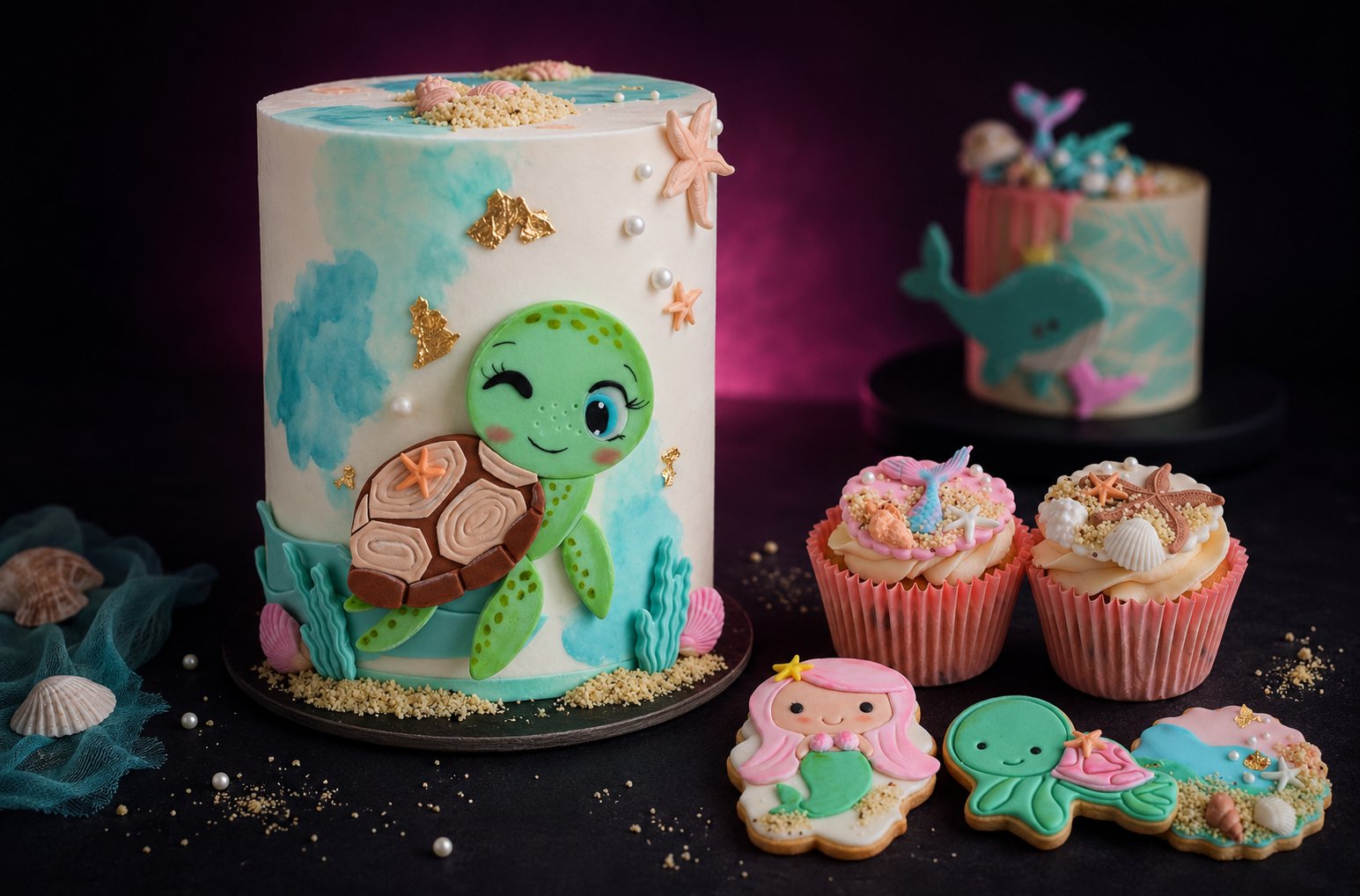 Torta y cupcakes decorados temática marina — Pastelería Temática y Creativa
